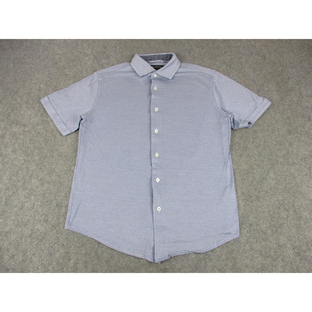 Bugatchi Shirt Mens Medium Blue Check Knit Short Sleeve Button Front Casual